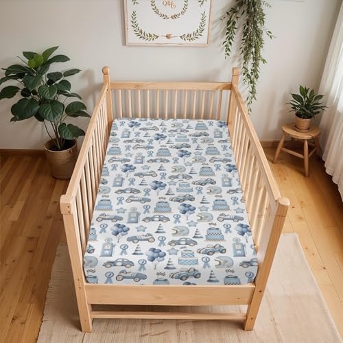 Watercolor Blue Racing Baby Crib Sheets 28x52