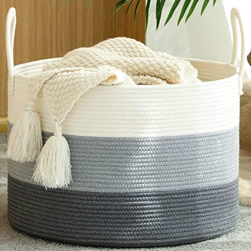 KAKAMAY Cotton Woven Storage Basket 20x13 WhiteGrey