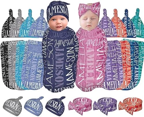 Custom Baby Swaddle Blanket and Hat Bow with Name